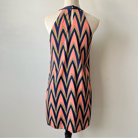 Pink Owl Multicolored Zig Zag Shift Boho Jewel High Neck Mini Dress - Picture 2 of 6